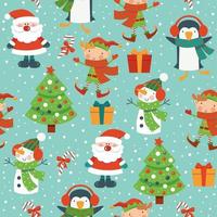 Christmas cartoon characters seamless pattern with tree, Santa Claus, elf and snowman on winter snowflakes background