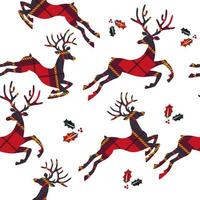 Seamless pattern with reindeer and leaves on plaid background. Vector illustration.