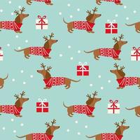 Seamless pattern with Dachshunds and boxes of presents on blue background. vector