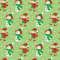 Christmas cartoon characters seamless pattern with elf and snowman on winter snowflakes background vector