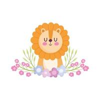 baby shower, lindo león con dibujos animados de flores, anuncia la tarjeta de bienvenida del recién nacido vector