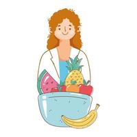 female dietitian doctor dish with fruits, fresh market organic healthy food vector