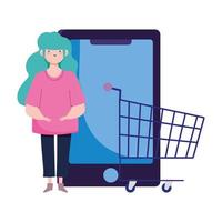 online payment, girl shopping cart smartphone ecommerce market, mobile app vector
