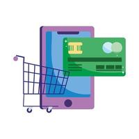 online payment, smartphone bank card and cart market, ecommerce shopping, mobile app vector