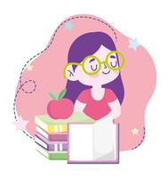 online education, student girl stack of books and apple, website and mobile training courses vector