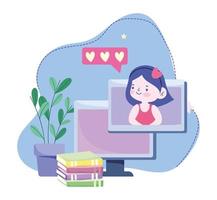 online education, student girl computer and books connection, website and mobile training courses vector