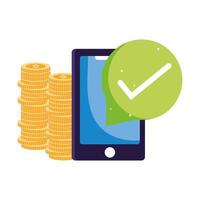 online payment, smartphone coins shopping cart check mark, ecommerce market, mobile app vector