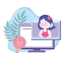 online education, student girl computer creativity class, website and mobile training courses vector