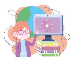 online education, teacher computer explain class science with books, website and mobile training courses vector