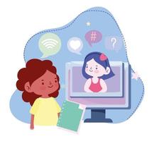 educación en línea, computadora para niñas estudiantes con conexión a libros, sitios web y cursos de capacitación móviles vector