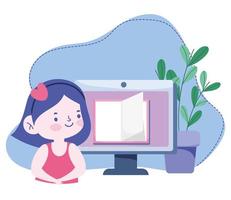 online education, student girl computer book lesson, website and mobile training courses vector