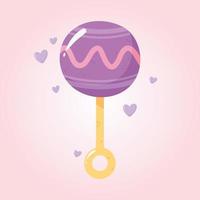 baby shower, purple toy rattle with heart background vector