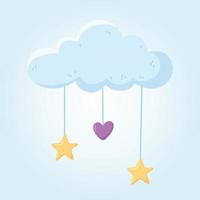 baby shower, nube con corazón colgante y decoración de estrellas. vector