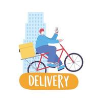 covid-19 coronavirus pandemic, delivery service, man in bike with mobile, wear protective medical mask vector