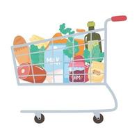 Carrito de compras con pan, carne, leche, mermelada, zanahoria y más, compras de comestibles vector