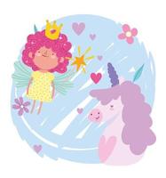 pequeña princesa de hadas con varita mágica y dibujos animados de cuento de unicornio