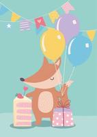 happy birthday, cute little fox with cake gift and balloons celebration decoration cartoon vector