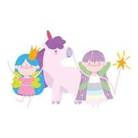 pequeñas hadas princesa con corona de varita y dibujos animados de cuento de unicornio vector