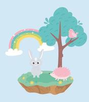 cute little rabbit and hedgehog bird in tree and animal cartoon design vector