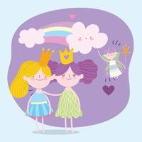 cute little winged fairy princess and girls with crowns tale cartoon vector