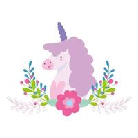 pequeño unicornio flores ramas fantasía magia animal dibujos animados vector