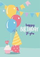 happy birthday, party hats and cupcake celebration decoration cartoon vector