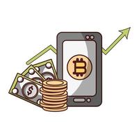 Bitcoin smartphone billete dólar transacción criptomoneda dinero digital vector