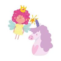 pequeña princesa de hadas con varita mágica y dibujos animados de cuento de unicornio vector