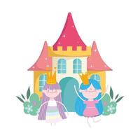 happy cute little fairies princess with crowns and castle tale cartoon vector