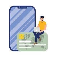 business online ecommerce with man using laptop and smartphone vector