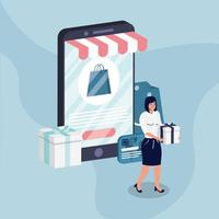 Compras en línea de comercio electrónico con mujer comprando y smartphone. vector