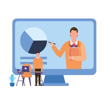 Hombre en computadora con gráfico circular y diseño vectorial de escritorio vector