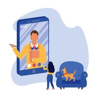 hombre en smartphone en video chat mujer y perro en silla diseño vectorial vector