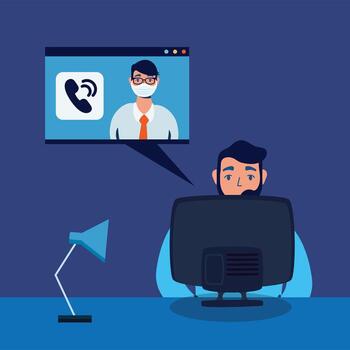 Man with computer and video chat vector design