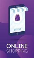 compras de comercio electrónico en línea con bolsa de papel en el teléfono inteligente vector