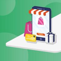 shopping online ecommerce with shopping packings in smartphone vector