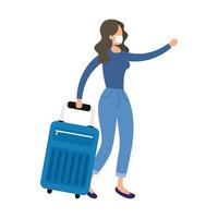 young woman wearing medical mask with suitcase character vector