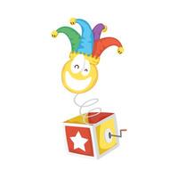 crazy emoji face with jester hat in surprise box fools day vector