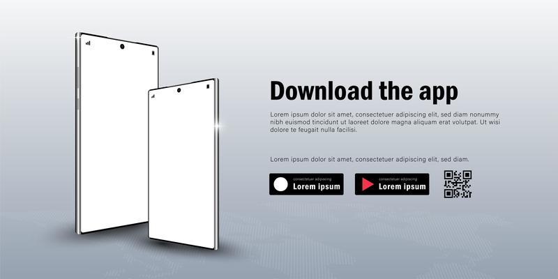Web banner of Mobile Smartphone mockup with Advertisement for downloading the app, QR Code and buttons template
