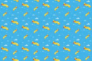 Blue airplane toy pattern design. Boys fabric print with airplane, clouds and stars. Baby boy pattern design vector