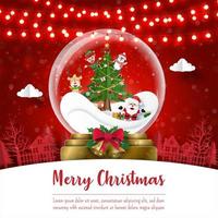 Merry Christmas and Happy New Year, Christmas postcard of Santa Claus and friends in Christmas ball, Paper art style vector