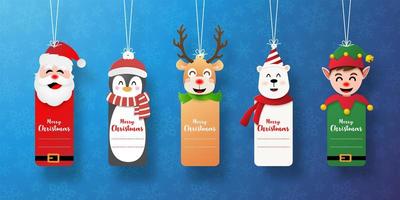conjunto de etiqueta navideña con santa claus y amigos vector