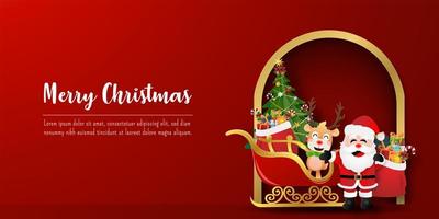 Banner de postal navideña de santa claus y renos con trineo vector