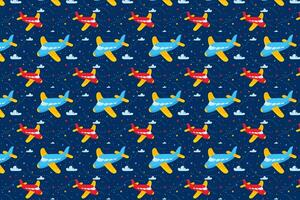 Blue airplane toy pattern design. Boys fabric print with airplane, clouds and stars. Baby boy pattern design vector