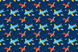 Blue airplane toy pattern design. Boys fabric print with airplane, clouds and stars. Baby boy pattern design vector