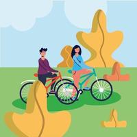 Woman and man riding bike at park vector design