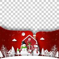 Christmas postcard of red house with snowman, blank space for your text or photo vector