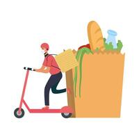 Delivery man with mask scooter bag and box vector design