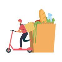 Delivery man with mask scooter bag and box vector design