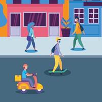 people with masks in street in front of stores vector design